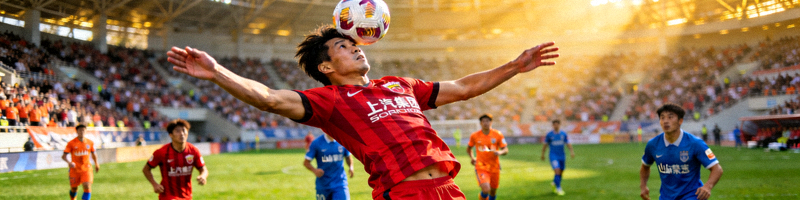 中超联赛上海海港与山东泰山的比赛，球员争顶头球